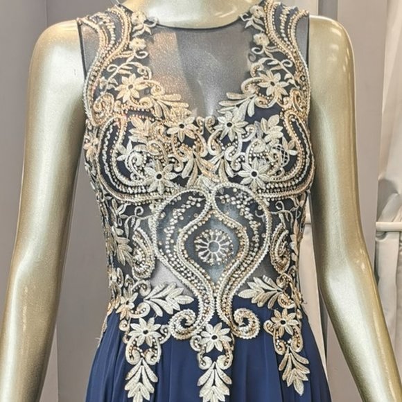 Size 6 navy/gold chiffon + embroidery formal/prom gown - Picture 3 of 5